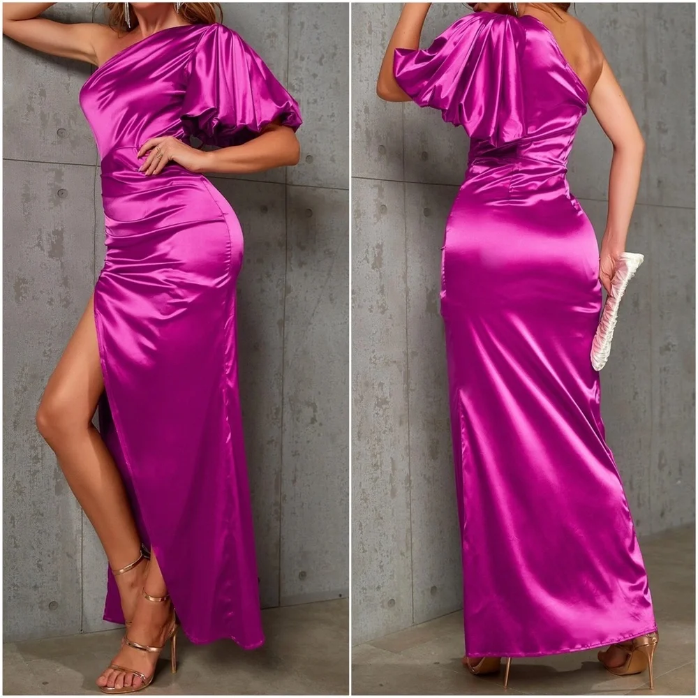 Luxe Satin One shoulder Evening Formal Black Tie Wedding Dress - Picture 9 of 9